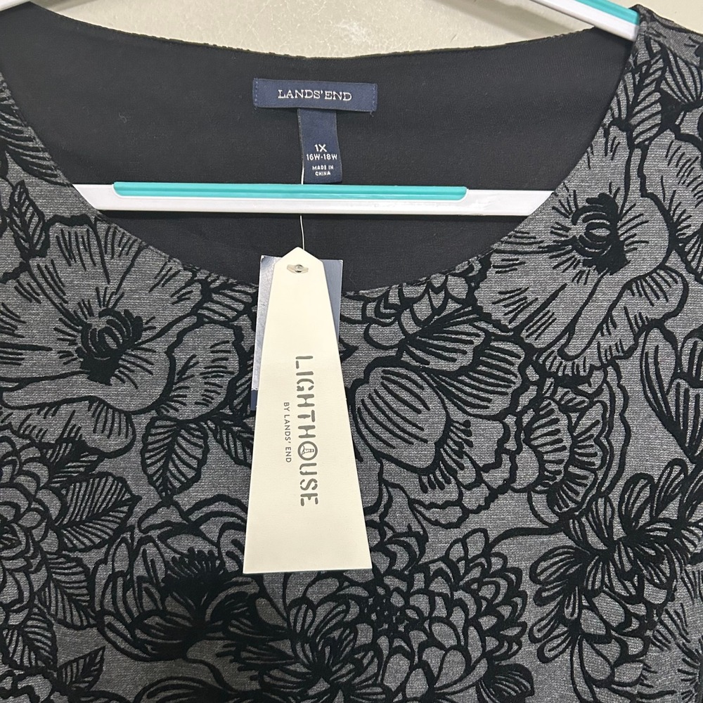 Lands' End Women's Dress 1X 16W-18W Gray Black Velvet Floral Fit & Flare NWT - Picture 4 of 11